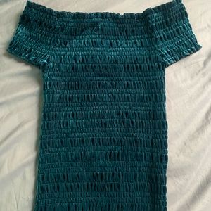 Turquoise Velvet-Material Off Shoulder Top